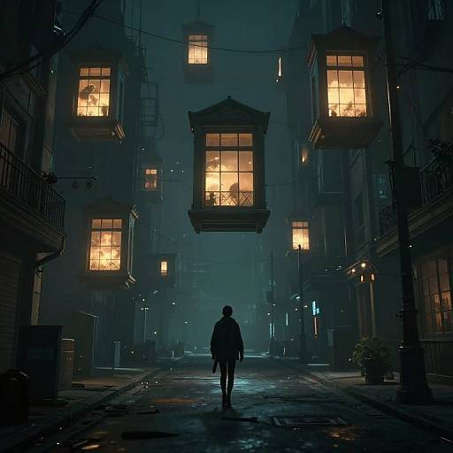 Moody, dark street scene at night with a lone figure silhouetted against warm, glowing windows of old buildings. Digital art style.