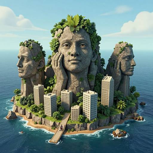 Surreal CGI image of a floating island with four stone-faced statues, leafy crowns, surrounded by tall buildings, palm trees, and ocean