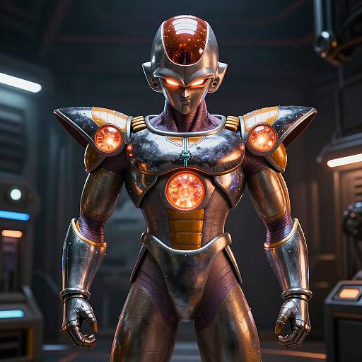 CGI image of a shiny, metallic, humanoid robot with glowing orange eyes and shoulder lights, standing in a dark, futuristic lab.