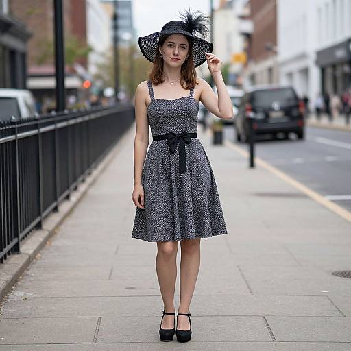 Photograph of a young woman with fair skin and brown hair, wearing a black polka dot dress, black hat with feathers, and black heels,