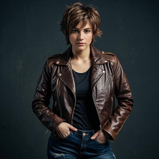 Confident woman in brown leather jacket