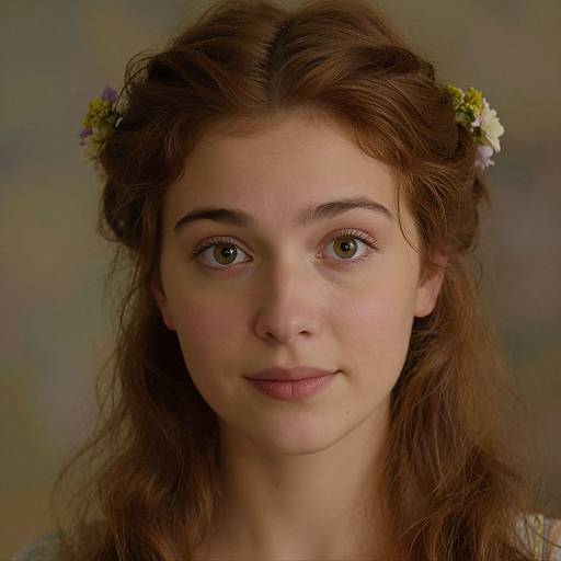 Photograph of a young woman with fair skin, brown wavy hair, green eyes, light pink lips, wearing a floral hair accessory, against a