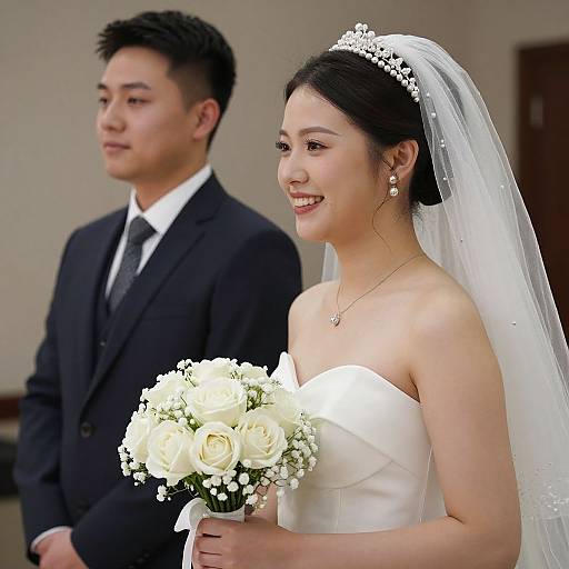 Photograph of an Asian bride in a white strapless dress and veil, holding a white flower bouquet, smiling, standing beside her groom in a black