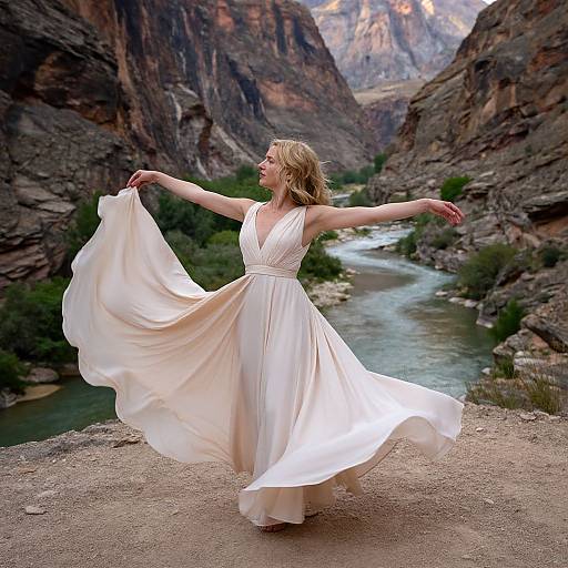 Blonde woman in a flowing white dress dances joyfully on a rocky canyon path with a river and mountains in the background. Photograph.