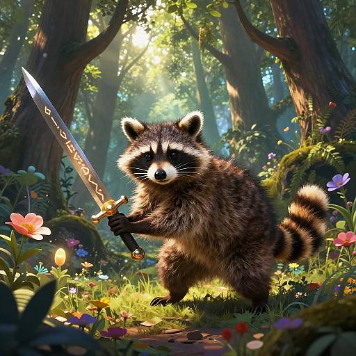 Digital artwork: Fuzzy, anthropomorphic raccoon with striped tail, holding glowing sword, standing in sunlit, colorful forest filled with flowers.
