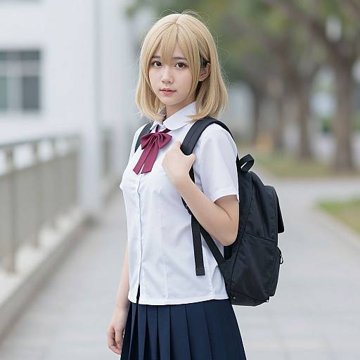 Photorealistic CGI of a young Asian girl with blonde hair, wearing a white shirt, black skirt, red bow, and black backpack, standing in