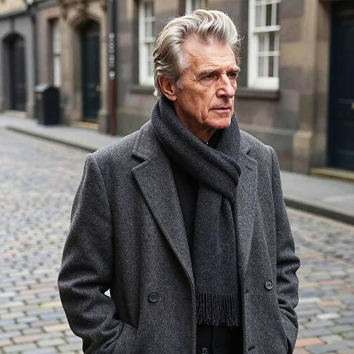 Photograph of an older white man with gray hair, wearing a dark gray coat and scarf, standing on a cobblestone street in a historic urban
