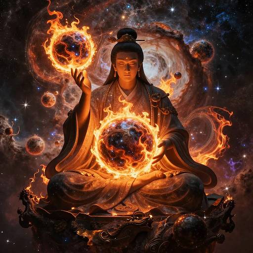 Digital artwork: Serene Buddhist monk with long hair, sitting cross-legged, surrounded by swirling cosmic space, holding fiery orbs in both hands.