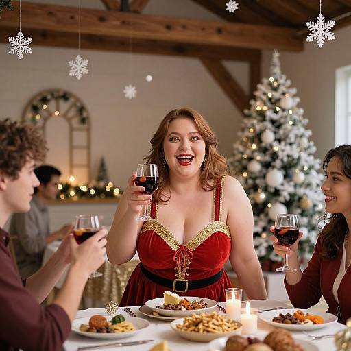 Photograph of a joyful, curvy, red-haired woman in a red velvet dress with gold trim, toasting with wine, surrounded by three people