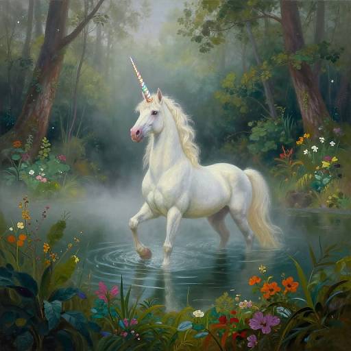 Digital painting of a white unicorn with a golden horn, standing in a misty, colorful forest pond, surrounded by vibrant flowers.