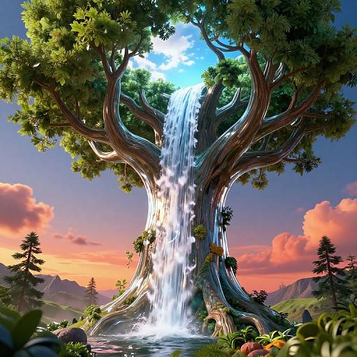 Photorealistic digital artwork of a massive, twisted tree with a cascading waterfall at its center, set against a vibrant sunset sky and lush forest landscape