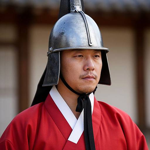 Photograph of an Asian man with a serious expression, wearing a silver Korean helmet and red traditional Korean garment with white collar. Background features blurred wooden building