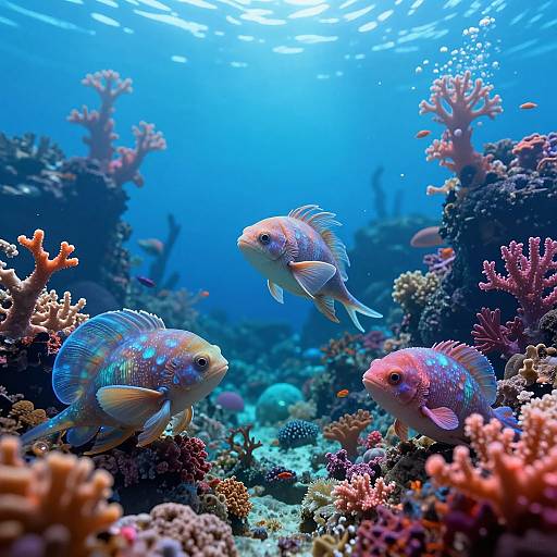 Photograph of vibrant, blue and pink fish swimming among colorful coral reefs in a clear, sunlit underwater ocean scene.