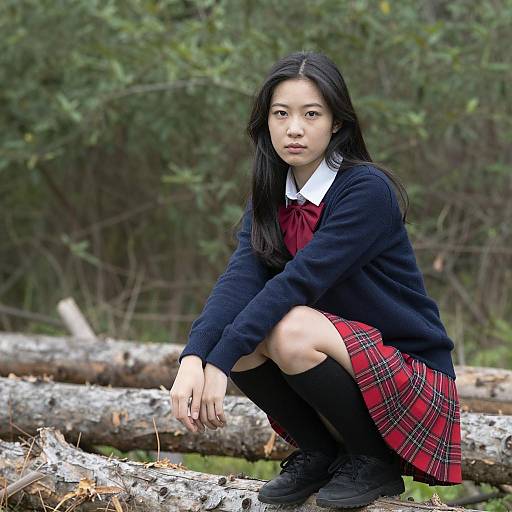 Asian Woman Crouching Among Fallen Logs
