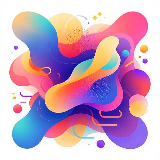 Abstract digital artwork featuring vibrant, overlapping swirls in pink, blue, yellow, and purple with gradient transitions and colorful dots.