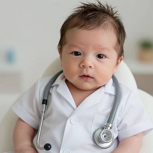 Photograph of a chubby, brown-haired baby with wide eyes, wearing a white shirt and a stethoscope, against a bright, blurred background.