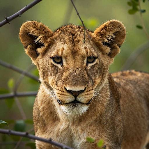Photograph of a young lioness with golden-brown fur, intense gaze, and small ears, surrounded by blurred green foliage and branches.