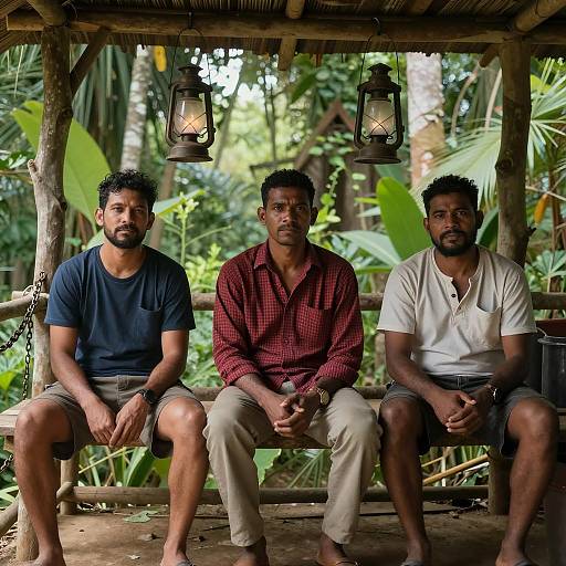 Men Relaxing in Rustic Jungle Hut