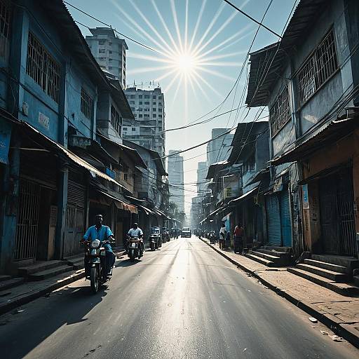 Sunlit Nigerian City Street with Motorbikes