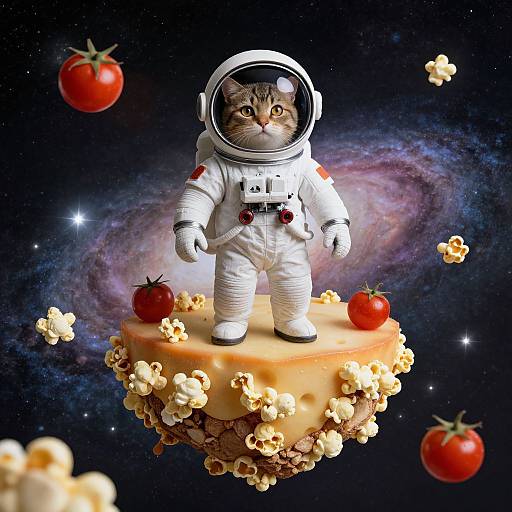 Digital artwork of a tabby cat in a white astronaut suit floating in space on a cheese and popcorn platform, surrounded by tomatoes and corn. Galaxy background