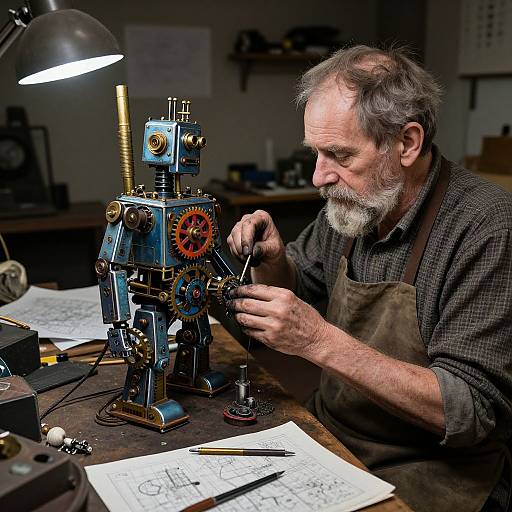 Photograph of an elderly bearded man with gray hair, wearing a brown apron, repairing a colorful, steampunk-style robot in a dim
