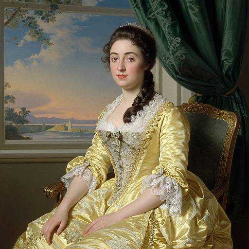 Portrait of a pale-skinned woman with dark hair in a braid, wearing a yellow satin dress with white lace, seated in a wooden chair,