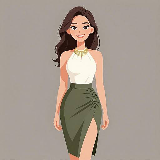 Digital illustration of a smiling woman with long dark hair, wearing a white halter top and green high-waisted skirt with a side slit, against