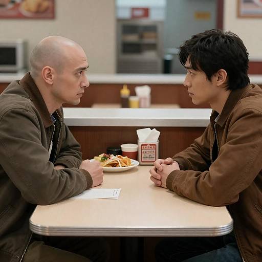 Two Men Facing Each Other at Diner Table