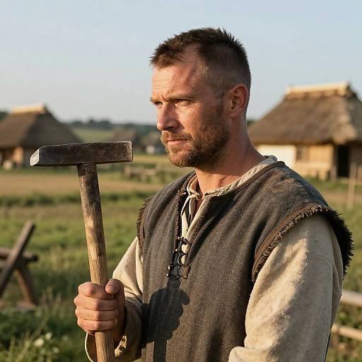 Photograph of a bearded man with short hair, holding a wooden hammer, wearing a rustic vest over a beige shirt, in a sunlit,