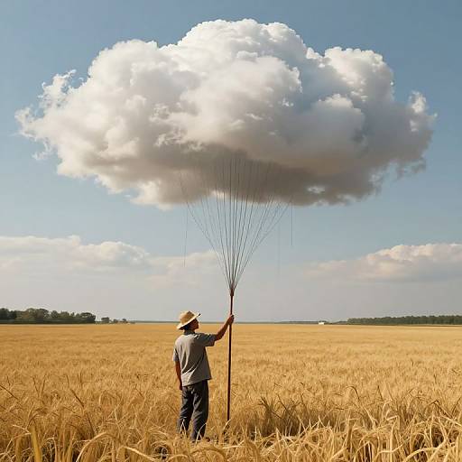 Photograph of a man in a straw hat and gray shirt holding thin wires, lifting a large, white cloud over a golden wheat field.