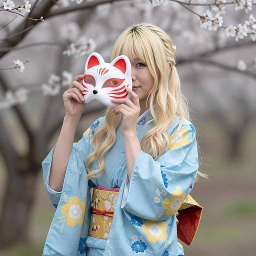 Woman in Blue Floral Kimono Holding Fox Mask