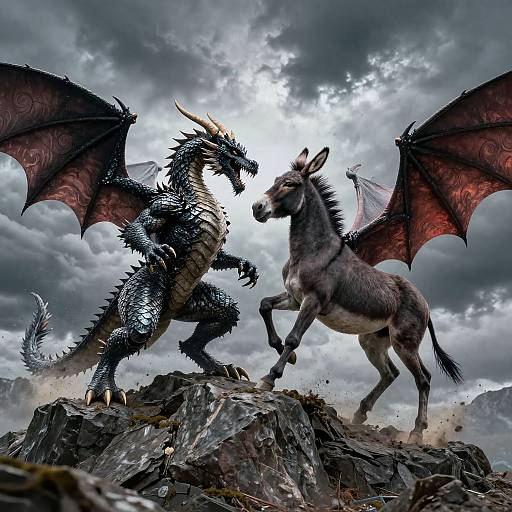 Digital artwork of a fierce black dragon with red wings facing a rearing, winged donkey on rocky terrain under a stormy sky.