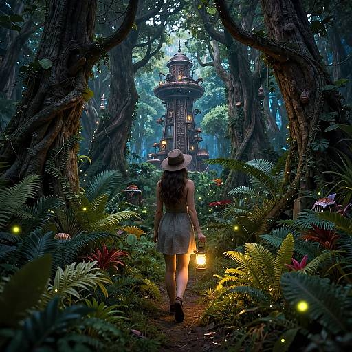 Digital fantasy artwork: A woman in a white dress and hat, holding a lantern, walks through a magical forest towards a glowing tower surrounded by glowing fire