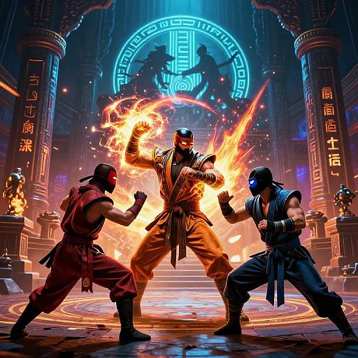 Photograph-like digital artwork of three martial artists in dynamic fighting stances, with one center character unleashing fiery energy, set in a neon-lit