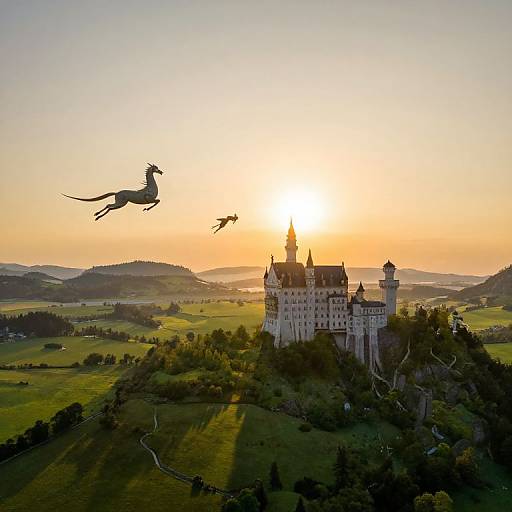 Photograph of a medieval castle at sunset, with two flying dragons silhouetted against a golden sky, over rolling green hills.