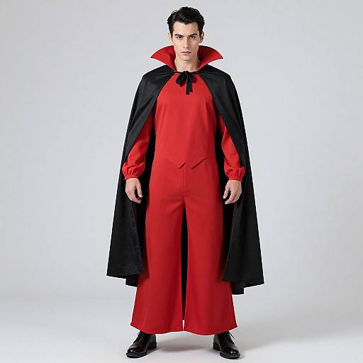 Photograph of a man in a red vampire costume with black cape, black shoes, and black bow tie, standing against a white background.