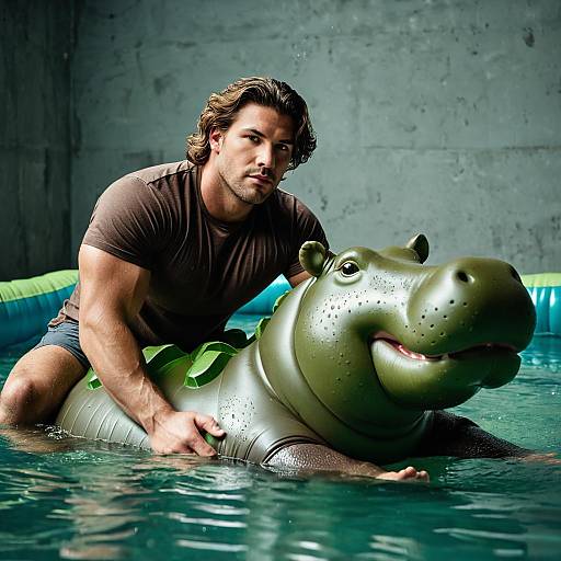 Man Riding Inflatable Hippo in Water Tank