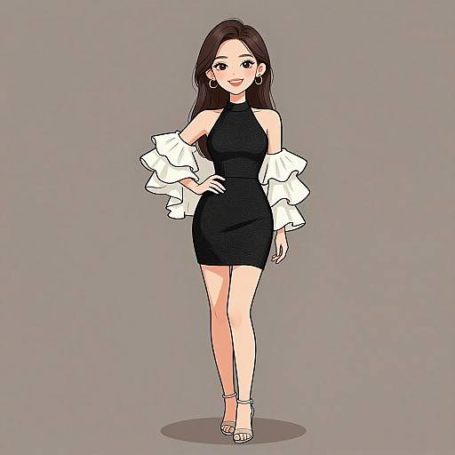 Digital anime-style drawing of an attractive Asian woman with long brown hair, wearing a black sleeveless mini dress, white ruffled jacket, hoop earrings,