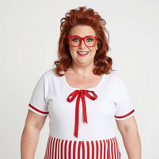 Photograph of a smiling, fair-skinned woman with curly red hair, wearing red glasses, white blouse with red ribbon, and red-striped skirt,