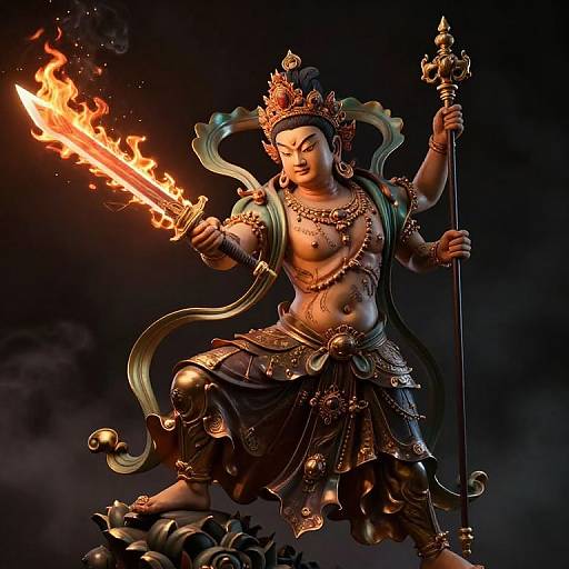 Photorealistic digital artwork of a fierce, muscular Hindu deity with fiery sword, ornate crown, and armor, standing against a dark background.