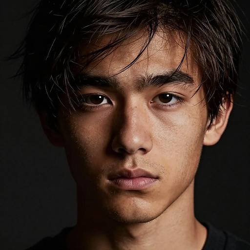 Close-up photograph of a young Asian man with medium skin tone, dark messy hair, and serious expression, set against a black background.