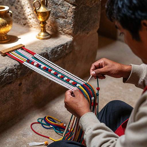 Photograph of an artisan weaving colorful beaded strings, seated on stone floor, illuminated by lit brass cups, in a rustic, dimly-lit