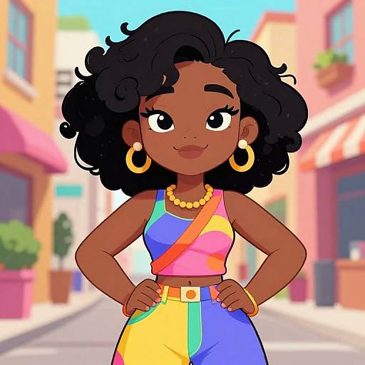 Digital illustration of a confident, dark-skinned girl with curly black hair, wearing a colorful striped tank top and high-waisted pants, gold hoop