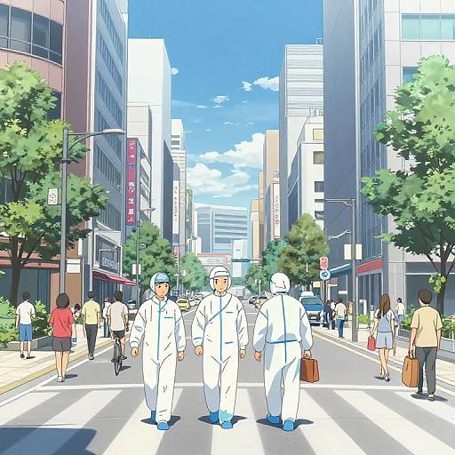 Metropolitan City Street with People in Protective Suits