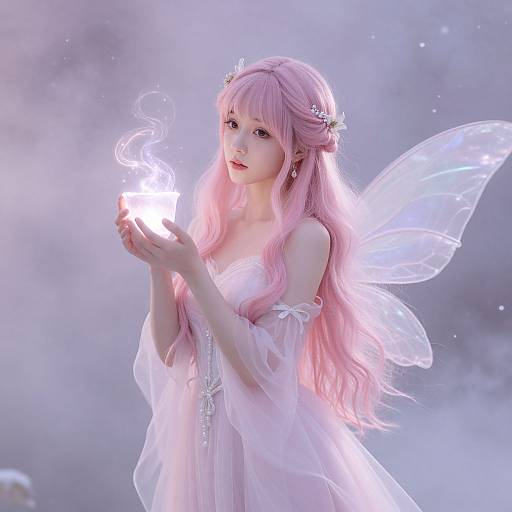 Digital artwork of a pink-haired fairy with translucent wings, wearing a white, off-shoulder dress, gently holding a glowing, ethereal light.