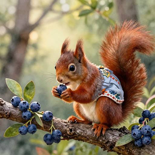 Photograph of a cute red squirrel with fluffy tail, wearing a floral vest, eating blueberries on a tree branch in a sunlit forest.