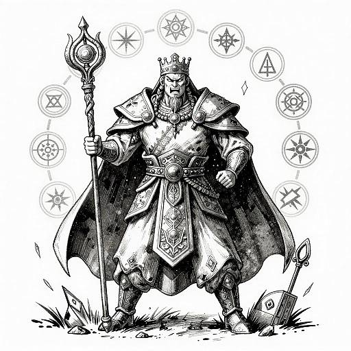 Black and white ink drawing of a crowned, armored king holding a staff, surrounded by magical symbols, standing on grass.