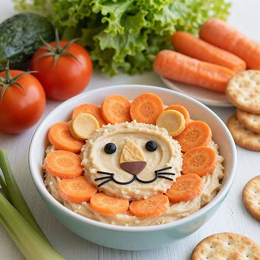 Photograph of a white bowl filled with cream cheese dip, topped with orange carrot slices forming a cat face, surrounded by fresh vegetables and crackers.