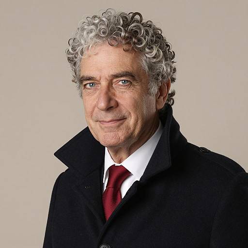 Middle-Aged Man with Curly Gray Hair in Black Coat