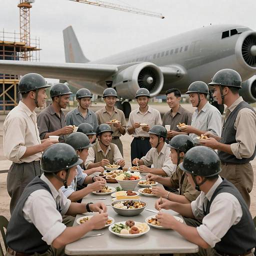 1940s Workers Dining Near Aircraft